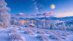 雪夜湖光暖舍