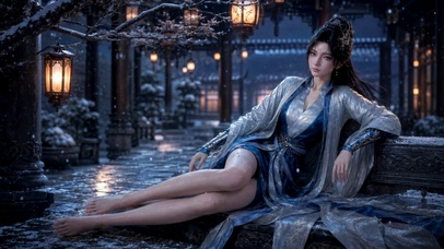 雪夜古风庭院蓝衣女神