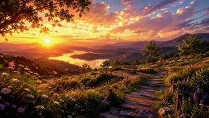 夕照山湖花径
