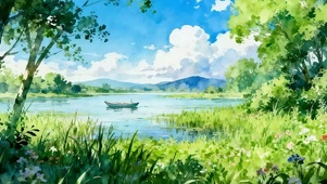 护眼绿景树木河流双屏