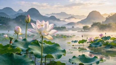晨雾莲池远山（国风山水风景）