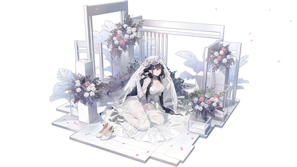 黑长发婚纱少女跪坐花艺展台，白玫瑰粉玫瑰簇拥，淡蓝叶影衬纯白背景。