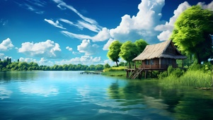 美丽湖边小屋风景