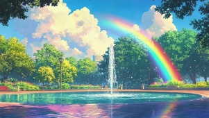 城市蓝天彩虹喷泉公园