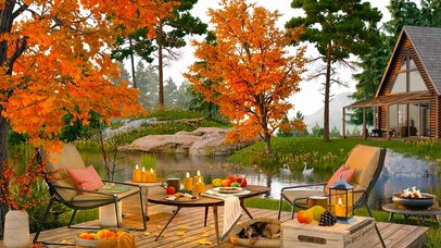 惬意秋林湖边露营