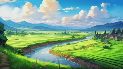 春日绿色护眼稻田美景