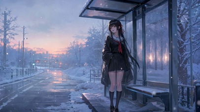 冬雪黄昏公交站女孩千咲
