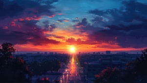 远眺城市夕阳晚霞风景