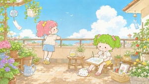 阳台治愈可爱少女休闲日常