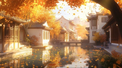 秋日古风徽州古镇河流