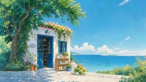 海边绿荫下小屋