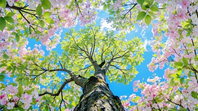 春日樱花树下的抬头瞬间