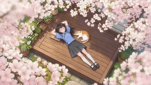 花下休憩的少女
