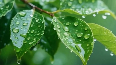 护眼雨天绿叶带鱼屏