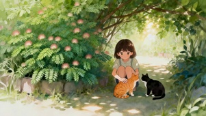 绿荫下女孩和猫咪