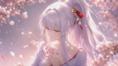 樱花树下的银发美少女