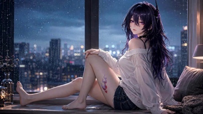 雨夜窗边紫发动漫美少女