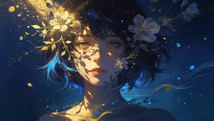 墨蓝背景鲜花女孩