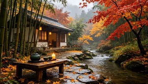 秋天竹林溪边木屋