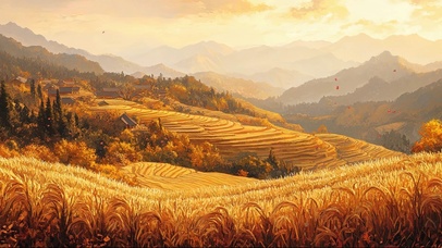 秋日金色唯美稻田