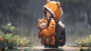 雨中的抱娃娃女孩