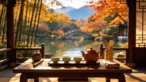 秋天湖边木屋品茶