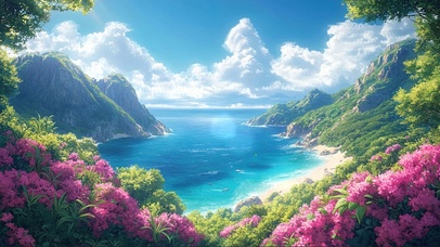 蓝天阳光鲜花海岛海湾