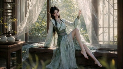 窗边古风清雅绿裙美女