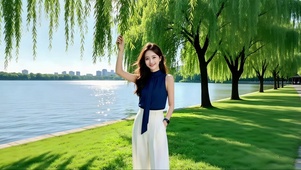 公园湖畔树荫下踏青的美女