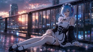 雨夜黄昏天台蓝发女仆美少女