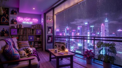 霓虹雨夜城市夜景房间