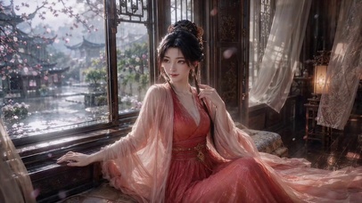 （免费）红衣美人临窗赏雨慕沛灵
