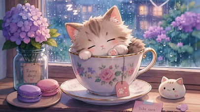雨窗茶杯猫