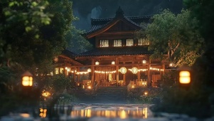 夜幕古风建筑温暖灯光
