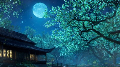古风护眼绿景树木河流带鱼屏