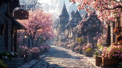 春日樱花欧洲小镇风景
