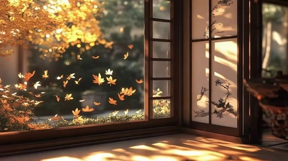 秋日窗外唯美金色落叶