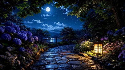 月夜湖畔花径唯美夜景