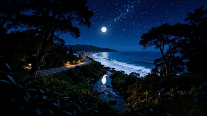 夜景房屋海景树木