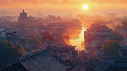 黄昏落日古城河流建筑