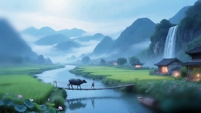 仙境村落放牛人