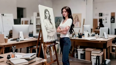 艺术课美女模特和她的素描画