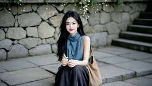 堤坝石阶上小坐休息的美女