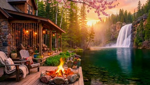 春天山水瀑布小屋