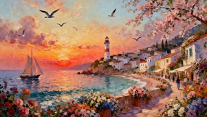 夕阳海景树木海鸥
