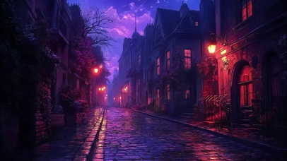 紫色冷调外国小镇晚霞