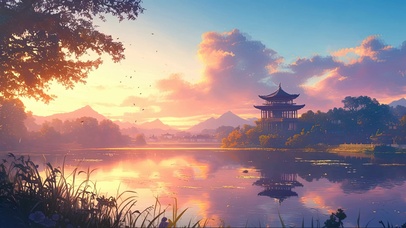 落日公园静谧湖泊古亭