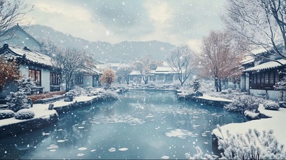 冬季飘雪庭院池塘风景