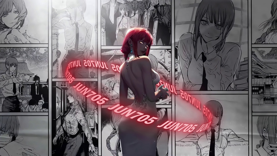 中心红发动漫少女回眸，背后是黑白线稿漫画分镜，环绕红色霓虹文字光效。
