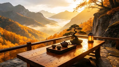 国风秋天山顶雨景